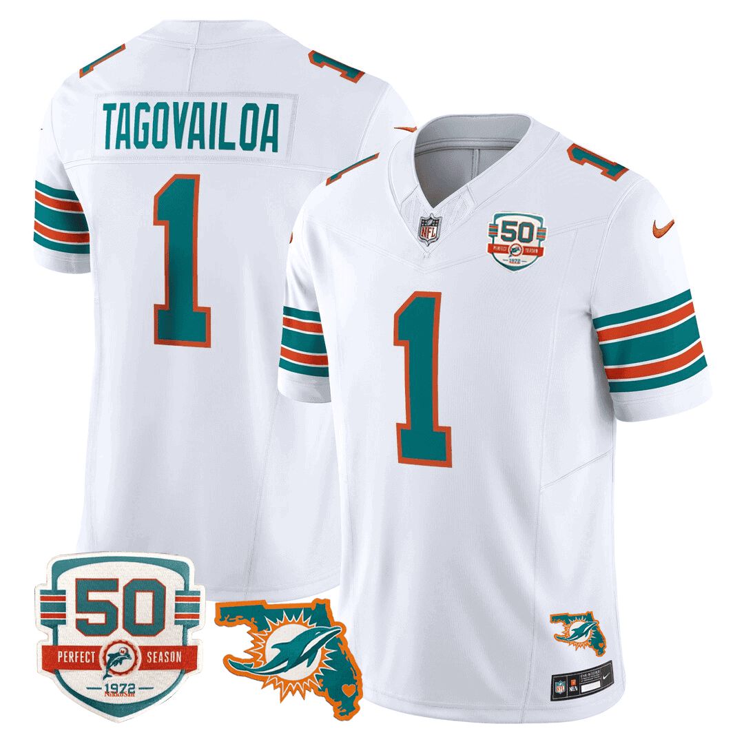 Men Miami Dolphins #1 Tagovailoa White 2024 Nike Throwback 50th Perfect Season Florida Patch Vapor NFL Jersey->indianapolis colts->NFL Jersey